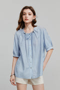 Linen Elbow-Sleeve Button-Up Blouse With Beaded Tie Neck