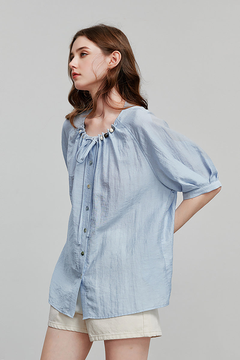 Linen Elbow-Sleeve Button-Up Blouse With Beaded Tie Neck