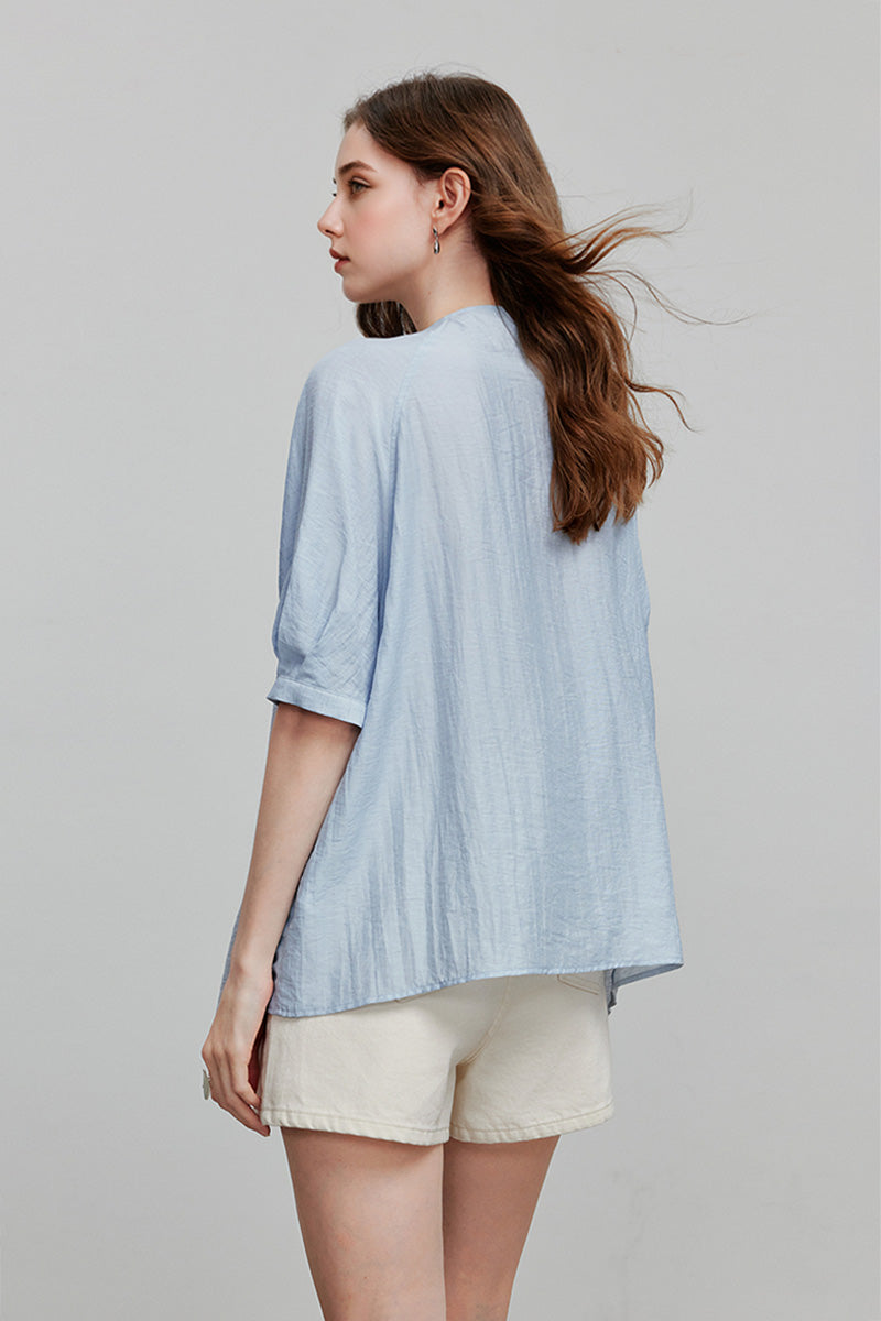 Linen Elbow-Sleeve Button-Up Blouse With Beaded Tie Neck
