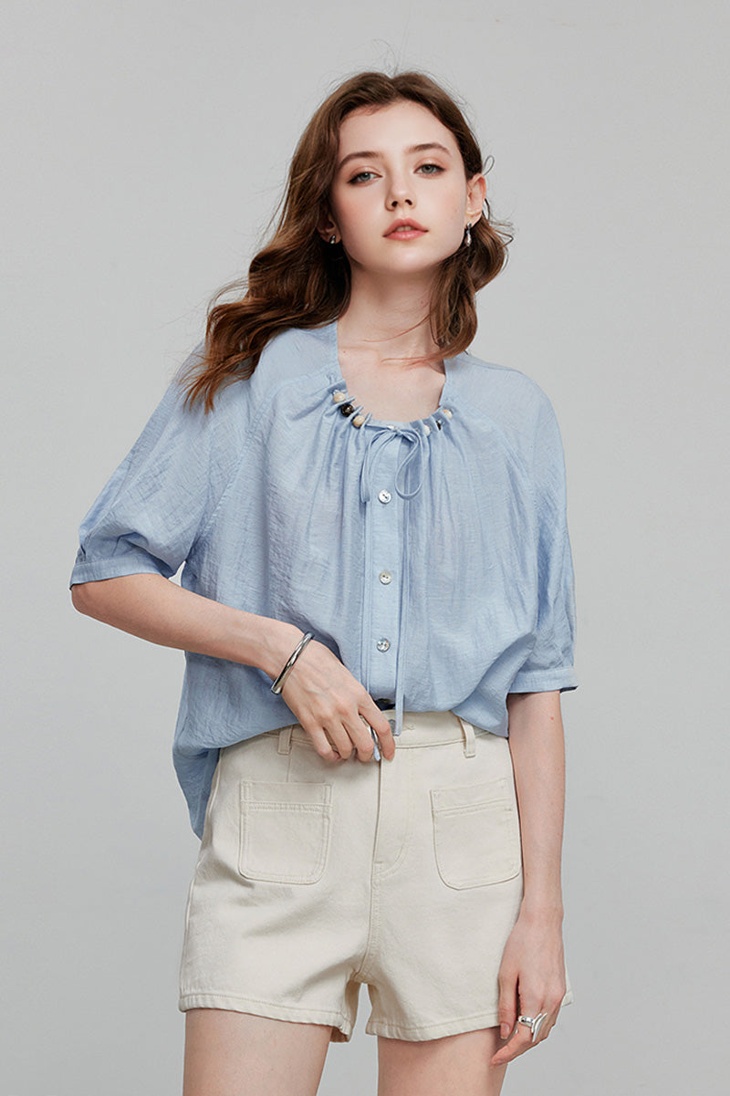 Linen Elbow-Sleeve Button-Up Blouse With Beaded Tie Neck