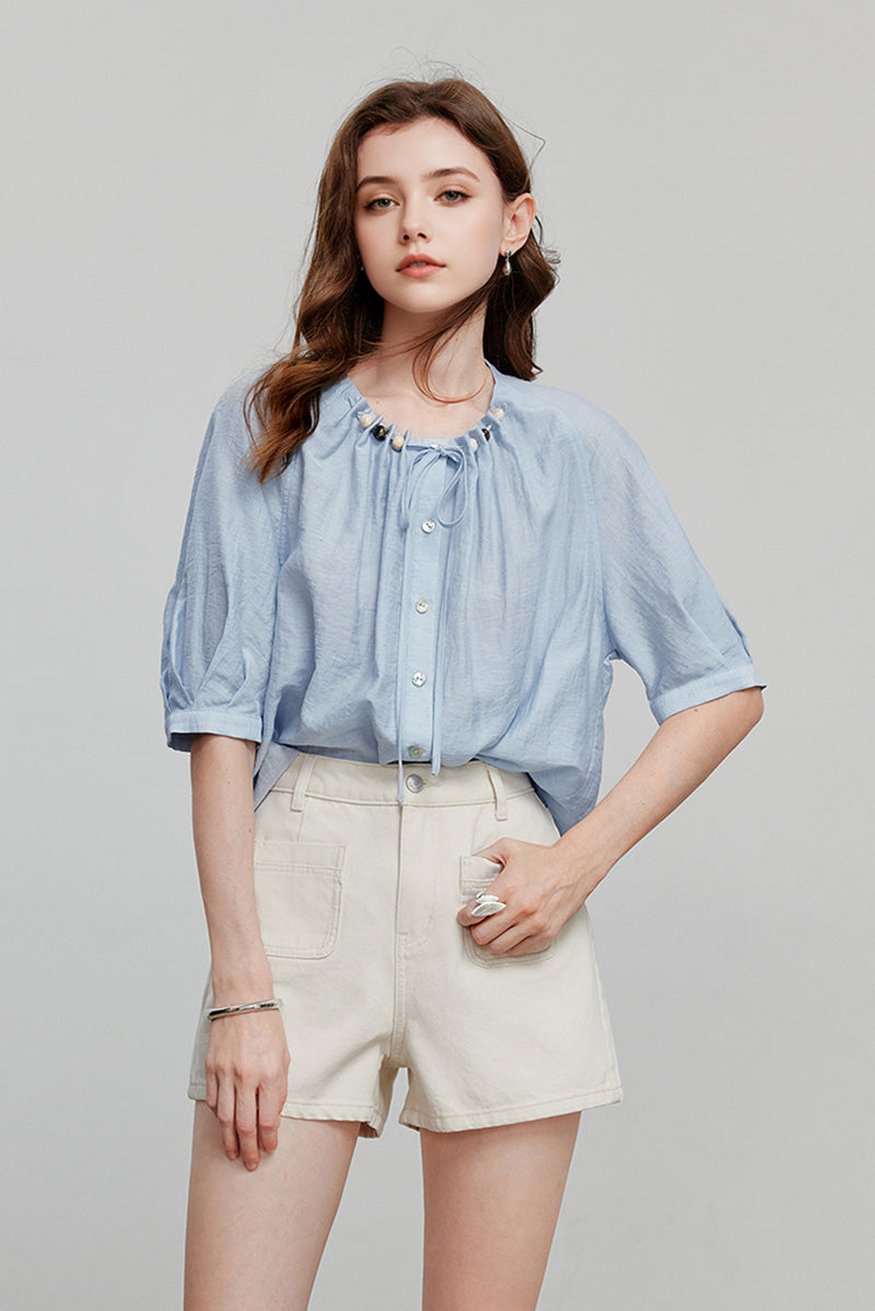 Linen Elbow-Sleeve Button-Up Blouse With Beaded Tie Neck