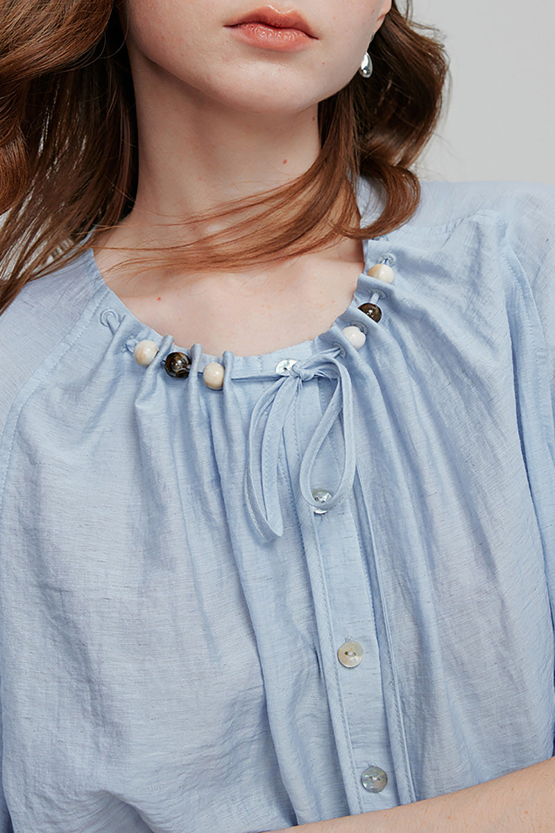 Linen Elbow-Sleeve Button-Up Blouse With Beaded Tie Neck