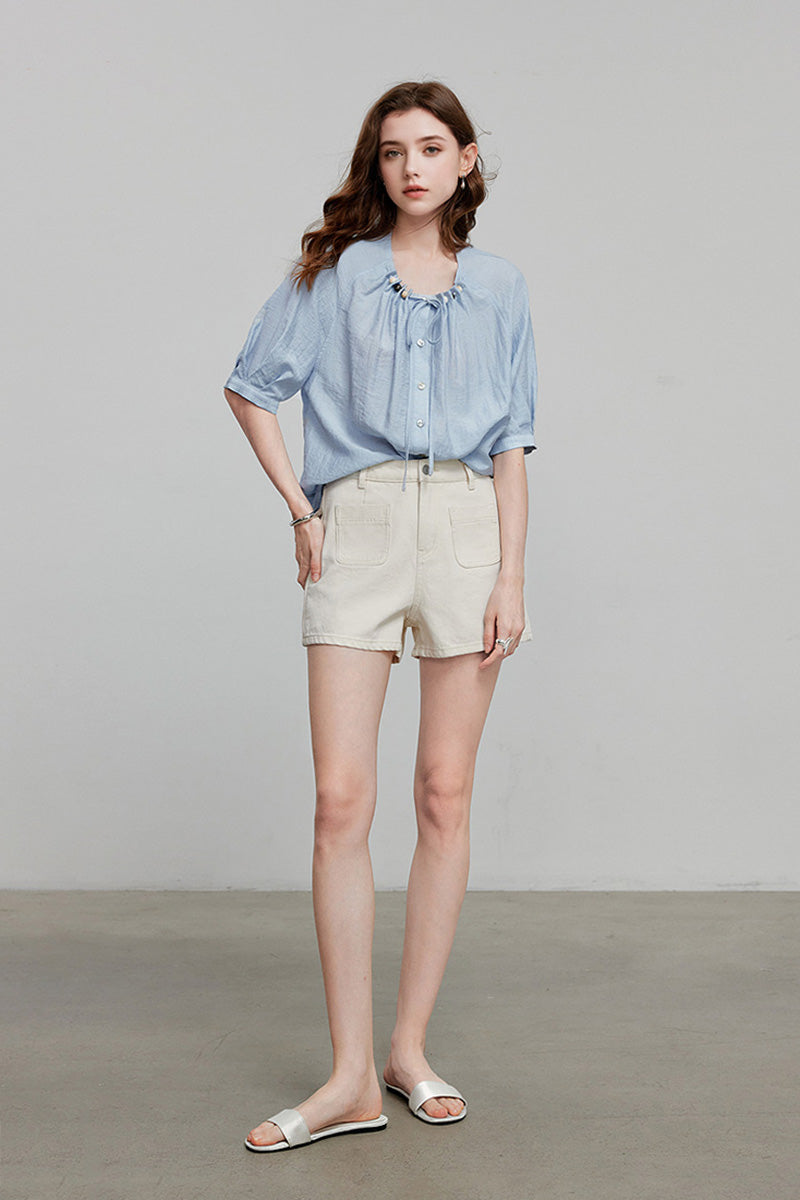Linen Elbow-Sleeve Button-Up Blouse With Beaded Tie Neck