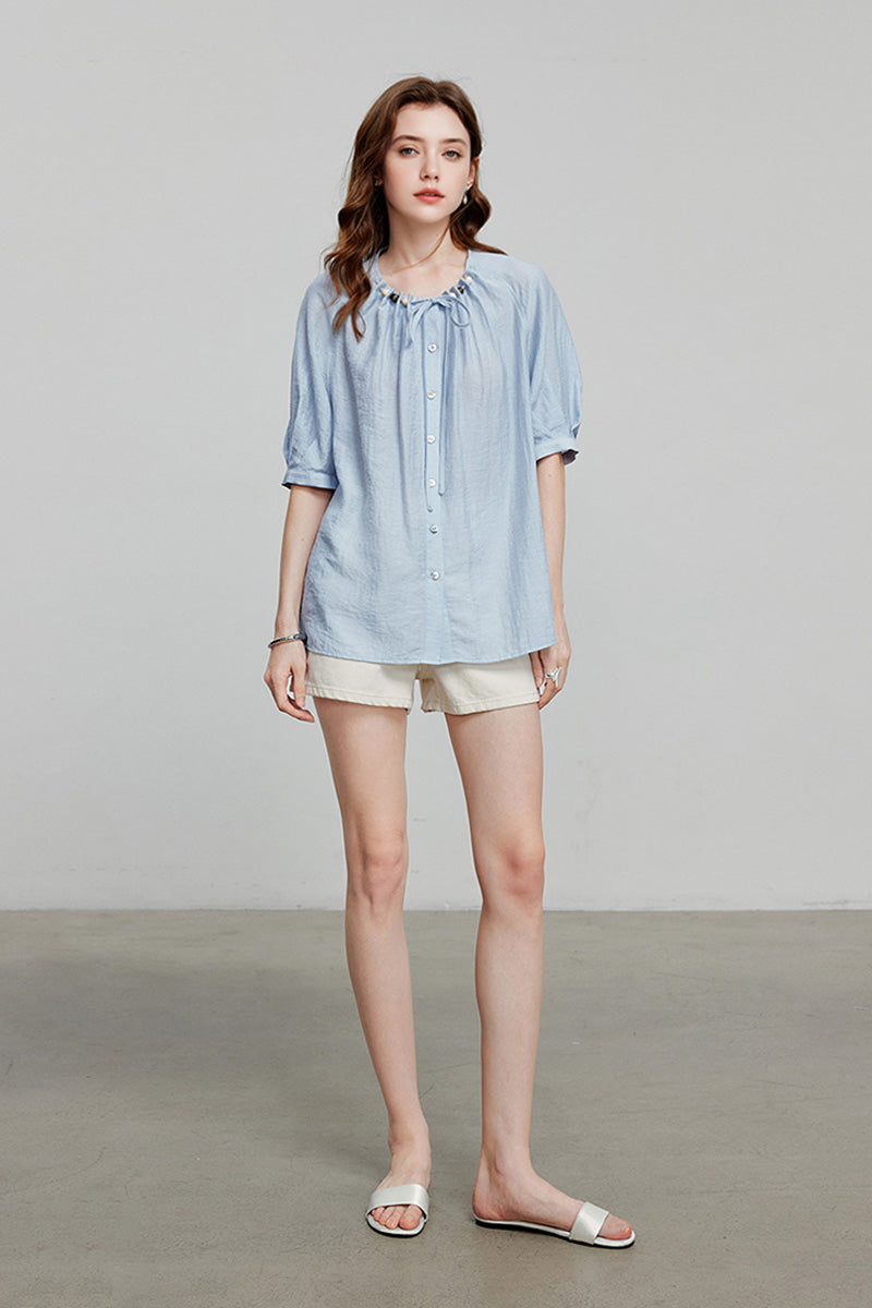 Linen Elbow-Sleeve Button-Up Blouse With Beaded Tie Neck