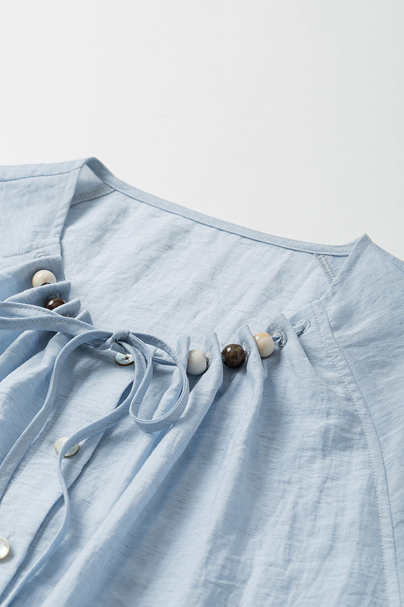 Linen Elbow-Sleeve Button-Up Blouse With Beaded Tie Neck