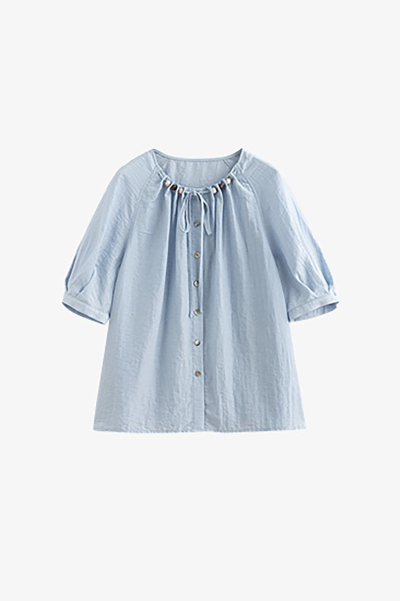 Linen Elbow-Sleeve Button-Up Blouse With Beaded Tie Neck