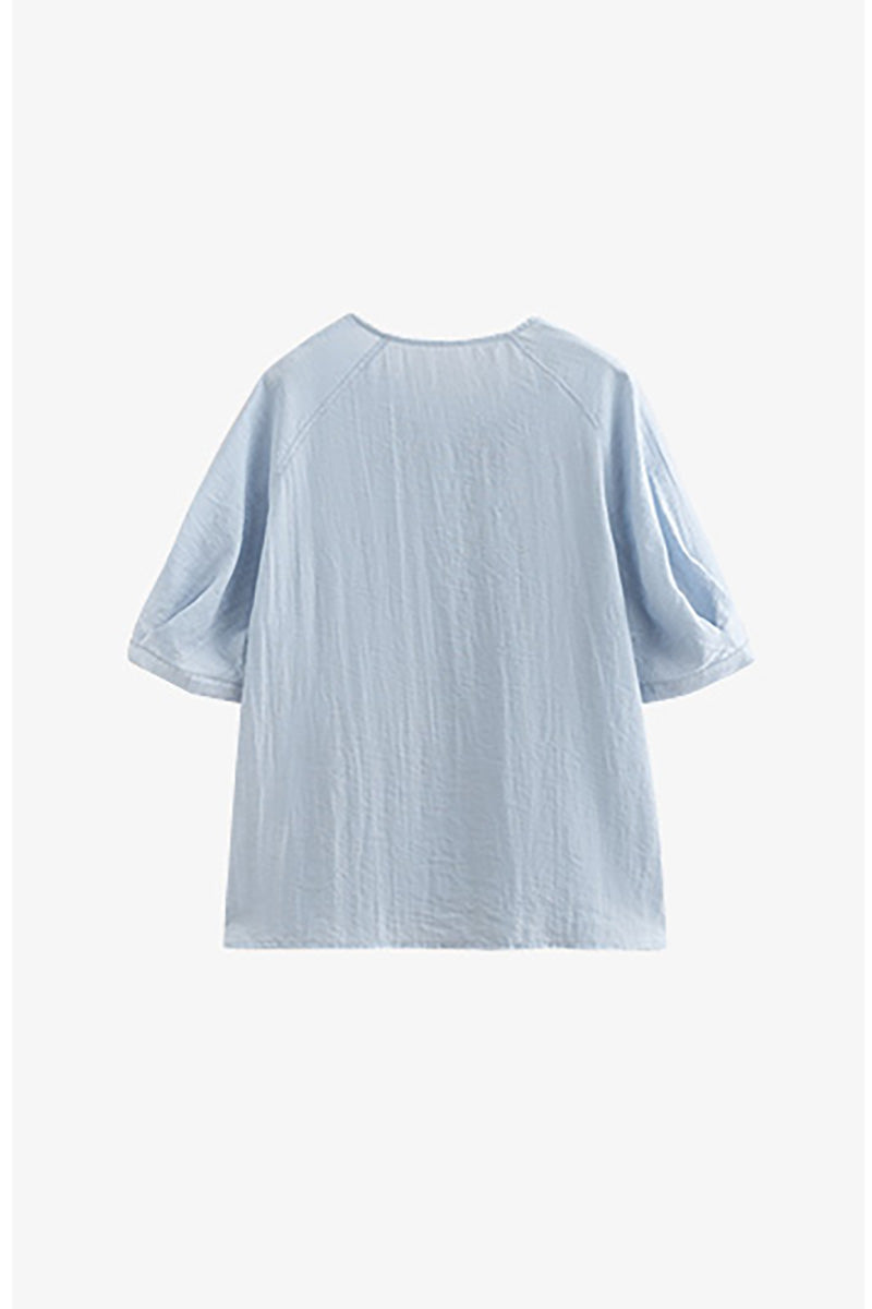 Linen Elbow-Sleeve Button-Up Blouse With Beaded Tie Neck