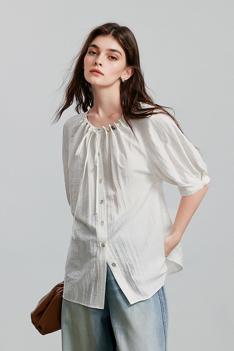Linen Elbow-Sleeve Button-Up Blouse With Beaded Tie Neck
