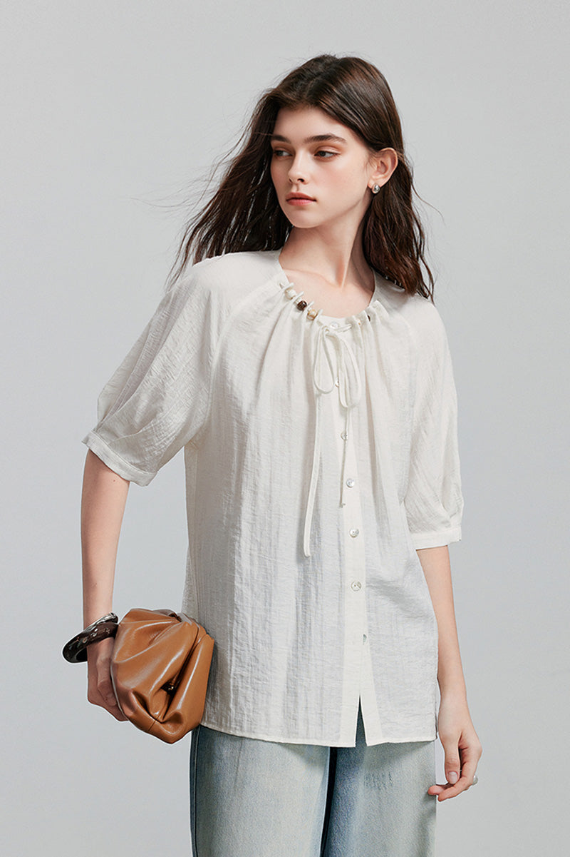 Linen Elbow-Sleeve Button-Up Blouse With Beaded Tie Neck
