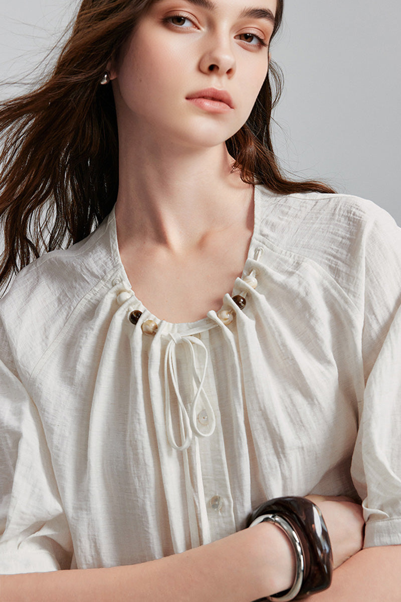 Linen Elbow-Sleeve Button-Up Blouse With Beaded Tie Neck