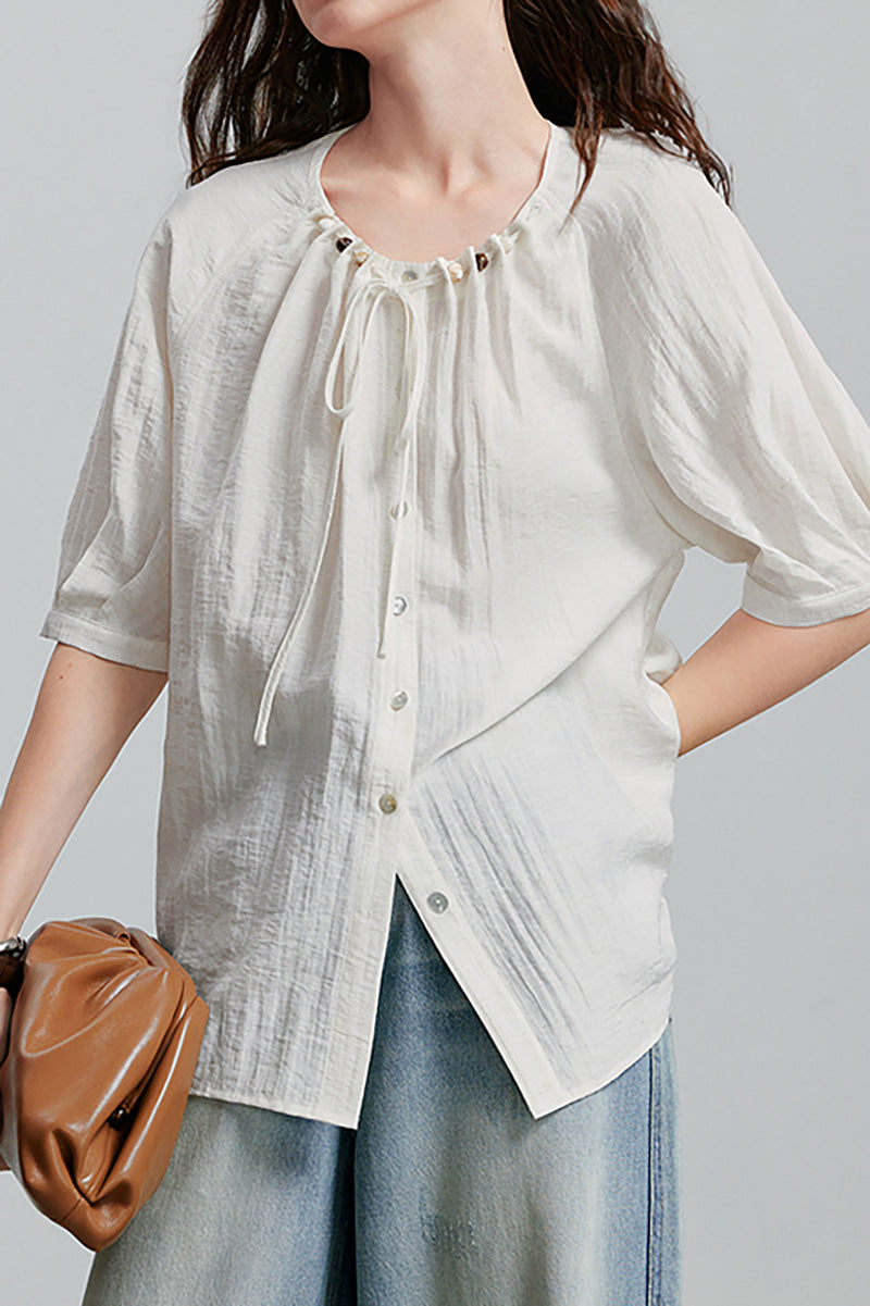 Linen Elbow-Sleeve Button-Up Blouse With Beaded Tie Neck