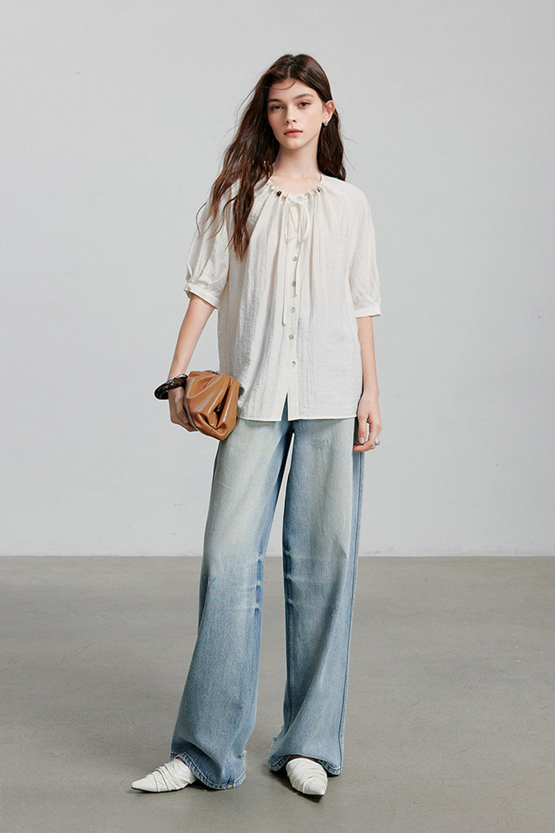Linen Elbow-Sleeve Button-Up Blouse With Beaded Tie Neck