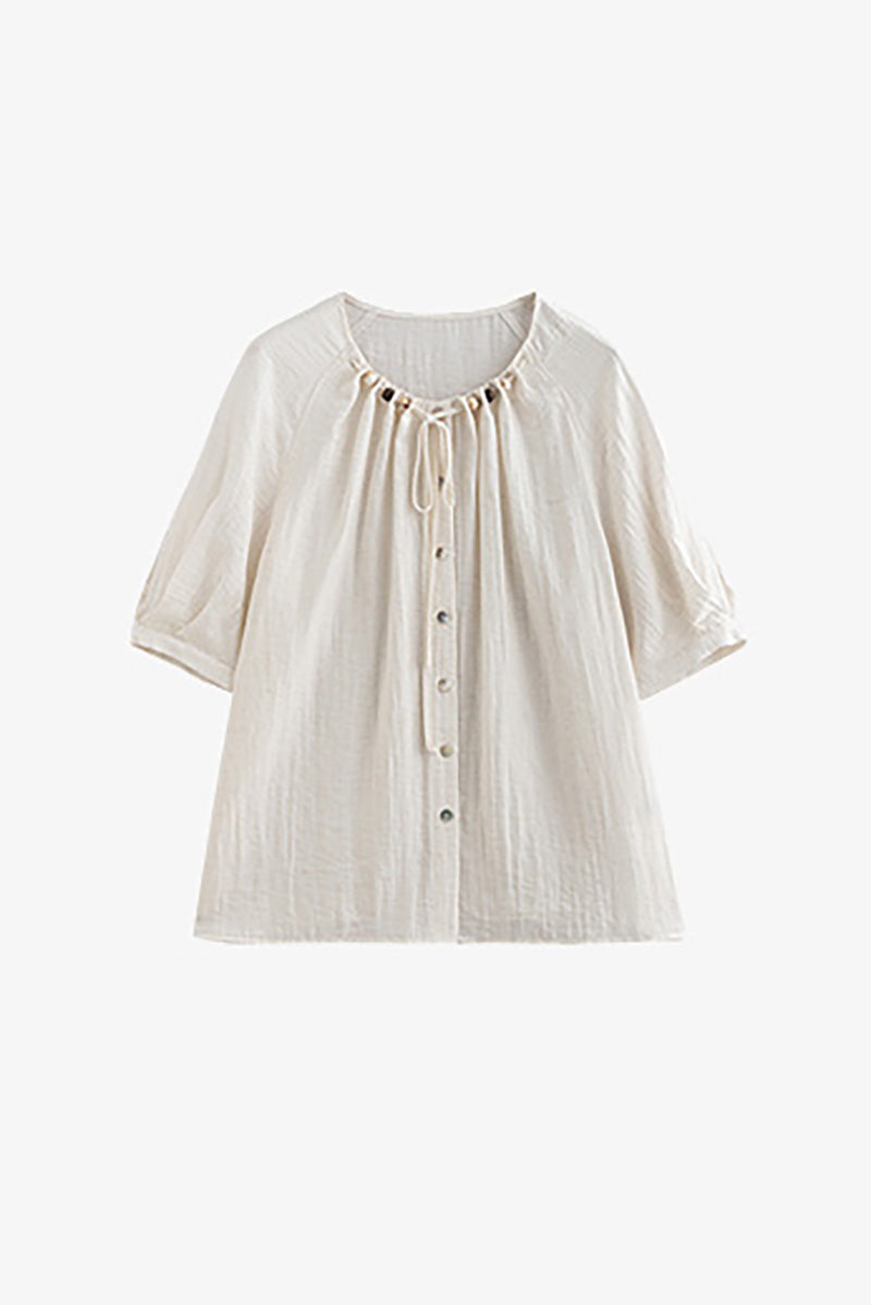 Linen Elbow-Sleeve Button-Up Blouse With Beaded Tie Neck