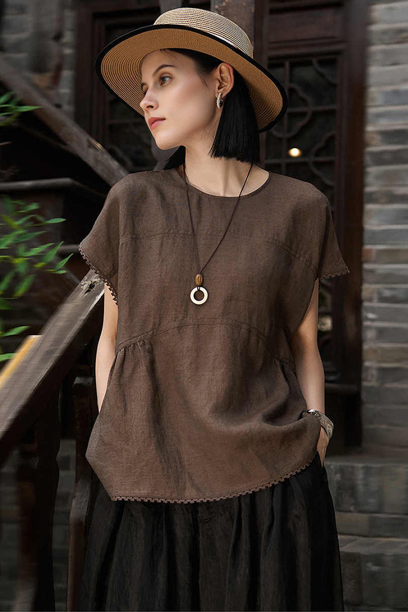 Linen-Silk Dolman Sleeve Babydoll Top in Brown