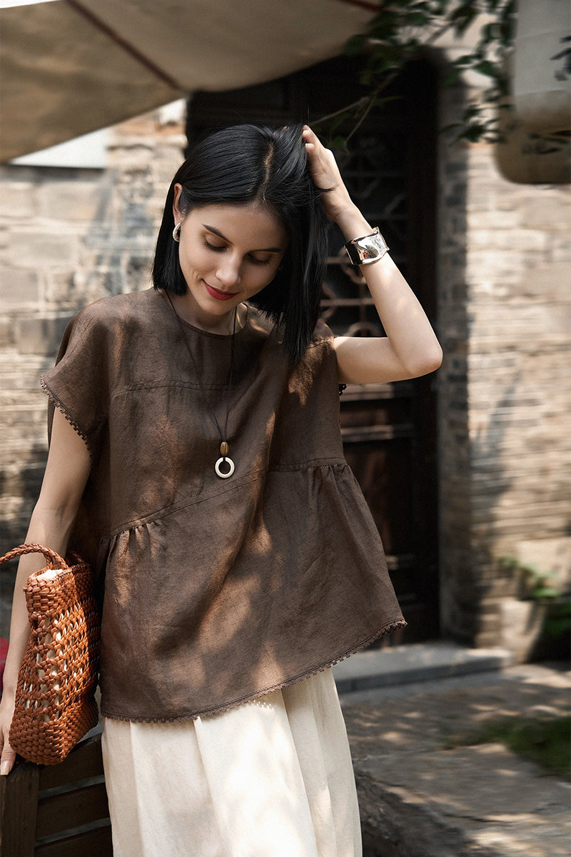 Linen-Silk Dolman Sleeve Babydoll Top in Brown