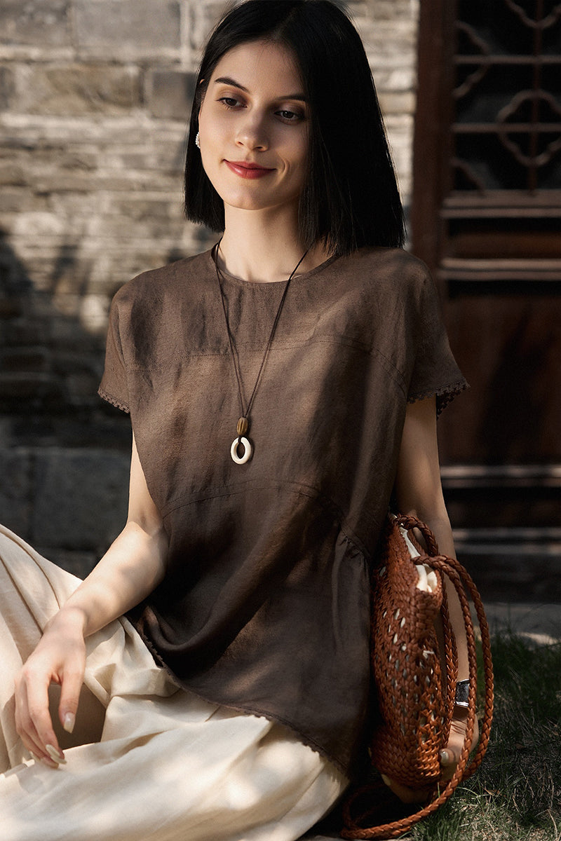 Linen-Silk Dolman Sleeve Babydoll Top in Brown