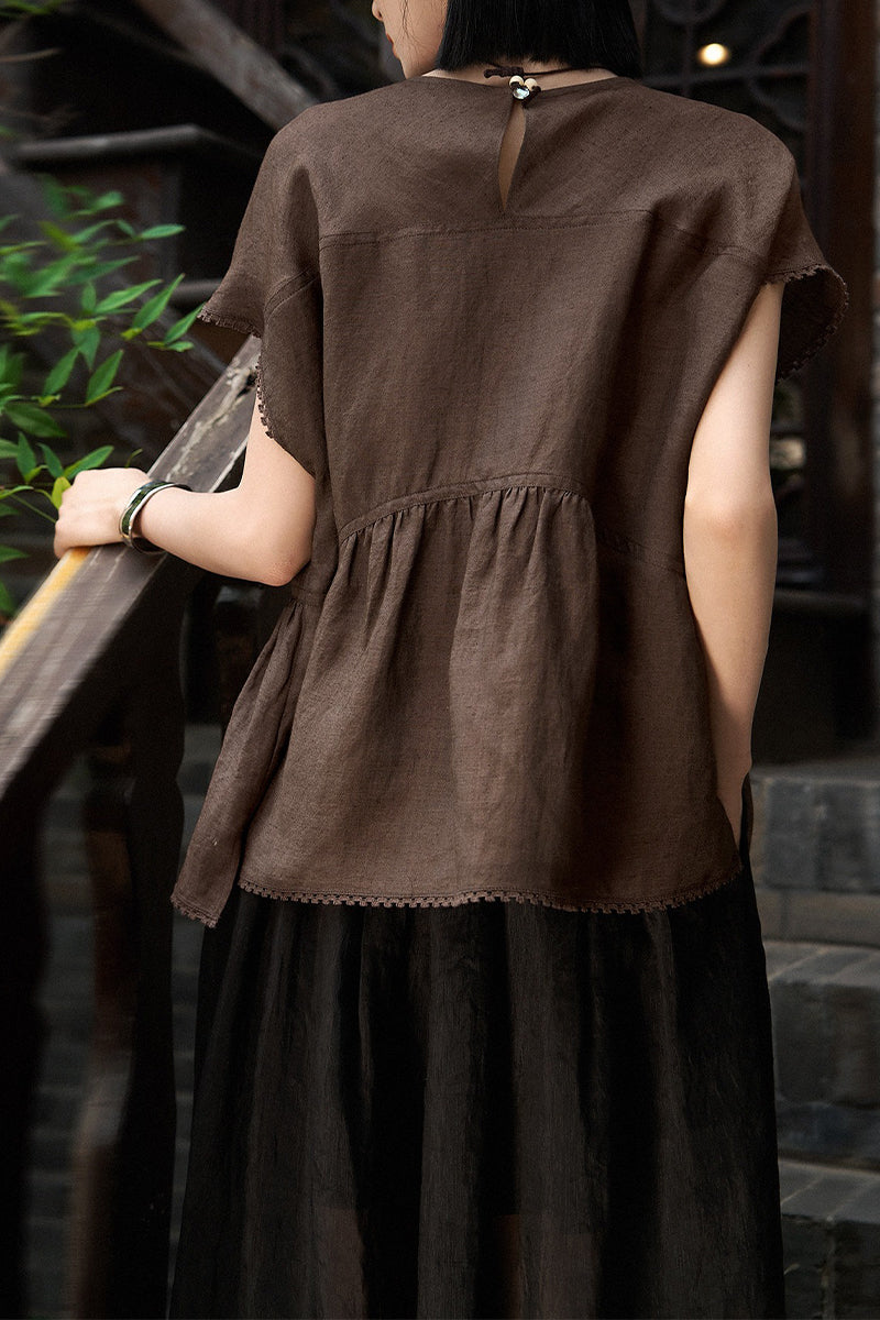 Linen-Silk Dolman Sleeve Babydoll Top in Brown