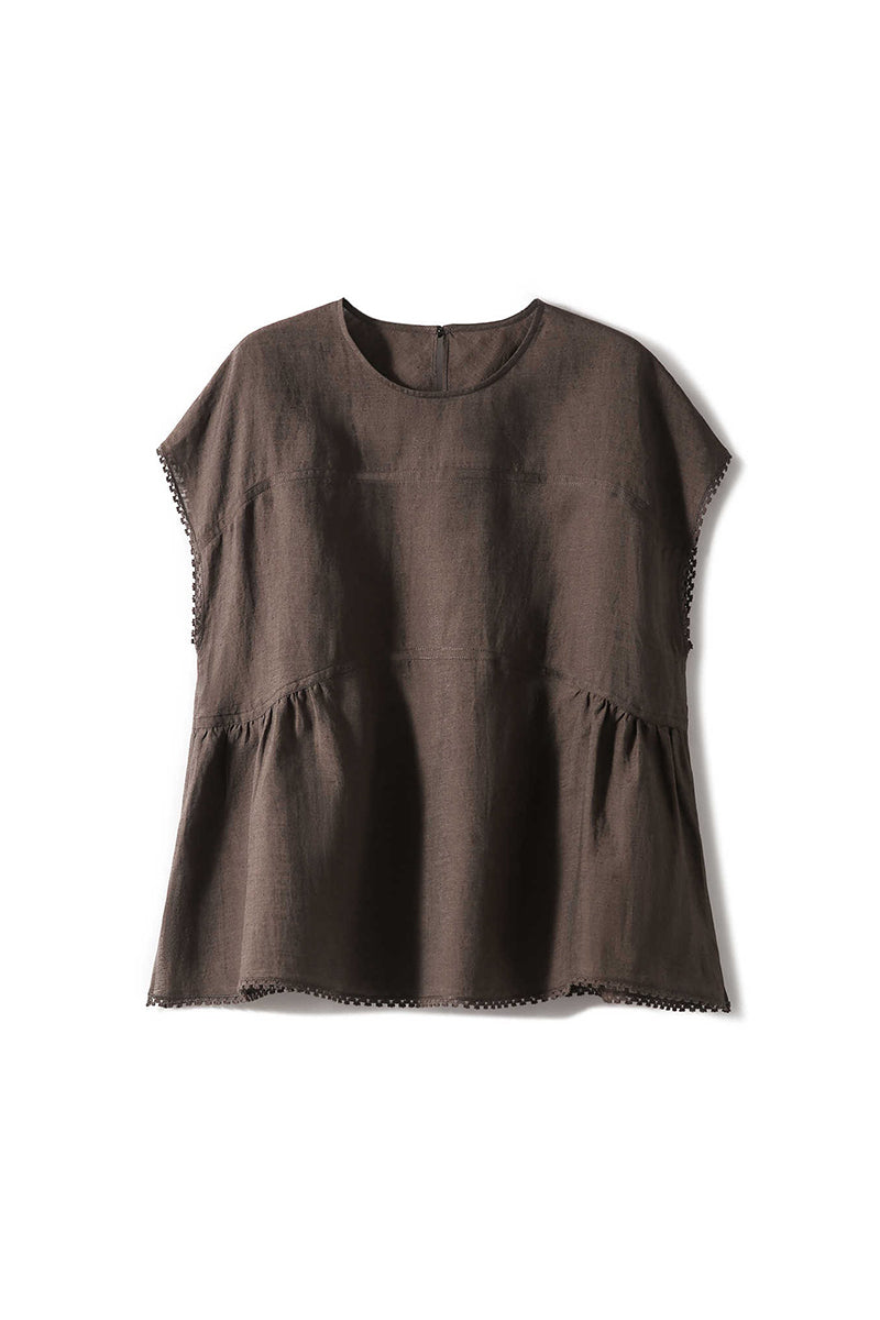 Linen-Silk Dolman Sleeve Babydoll Top in Brown