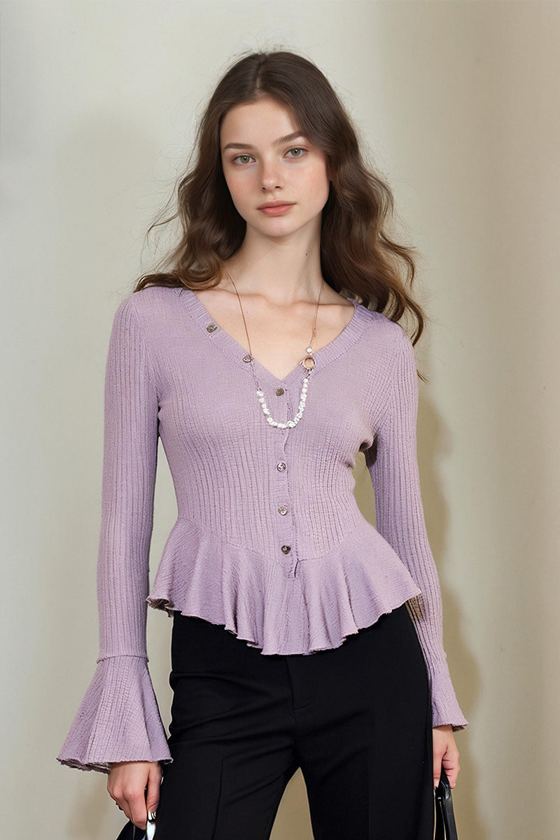 Long-Sleeve Button-Up V-Neck Peplum Blouse in Purple