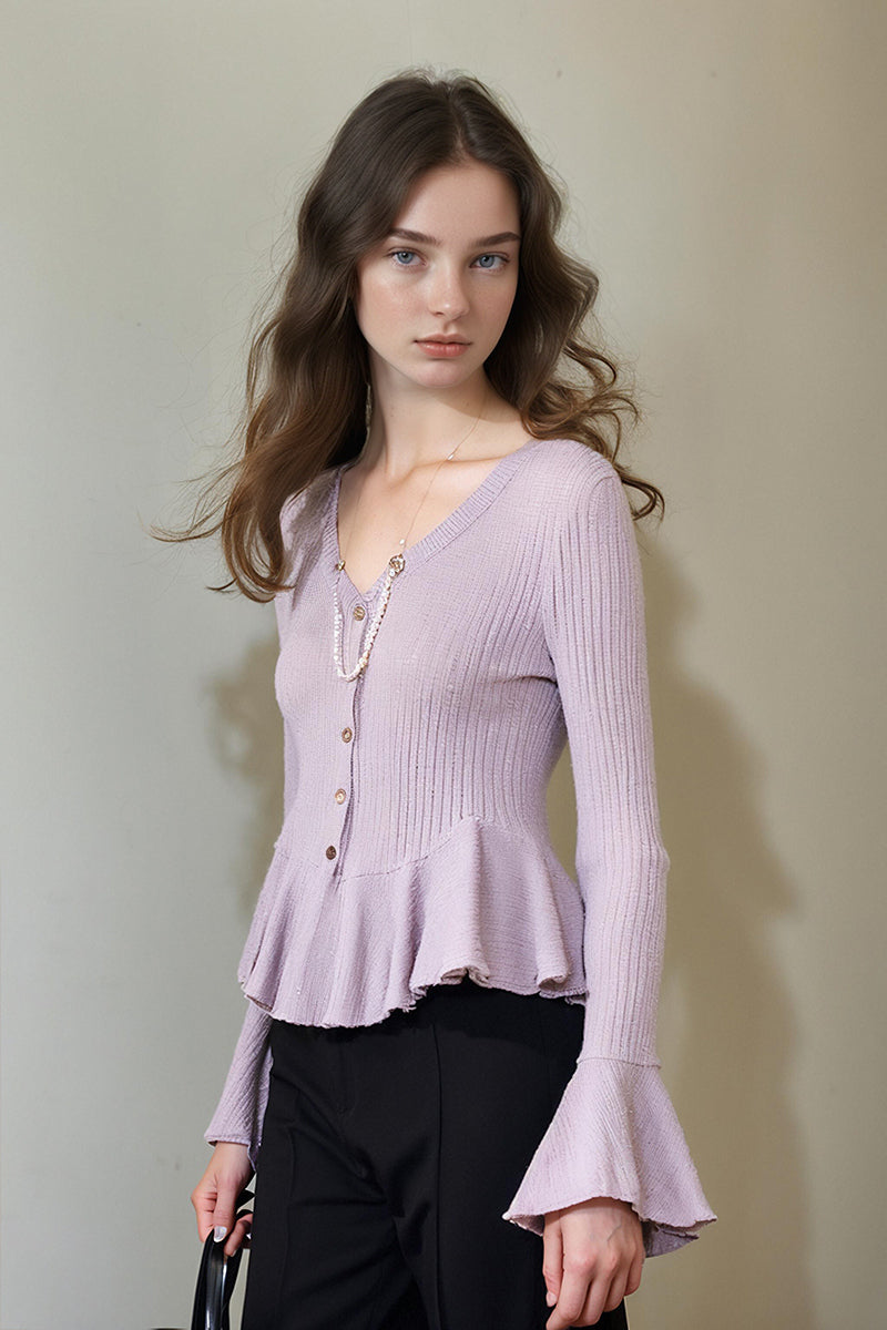 Long-Sleeve Button-Up V-Neck Peplum Blouse in Purple