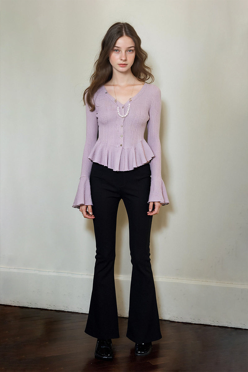 Long-Sleeve Button-Up V-Neck Peplum Blouse in Purple
