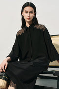 Loose Fit 100% Silk Lace Trim Long Sleeve Shirt