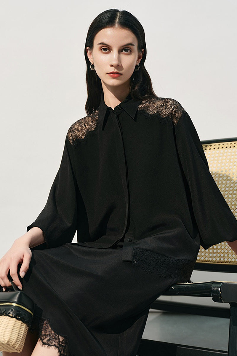 Loose Fit 100% Silk Lace Trim Long Sleeve Shirt