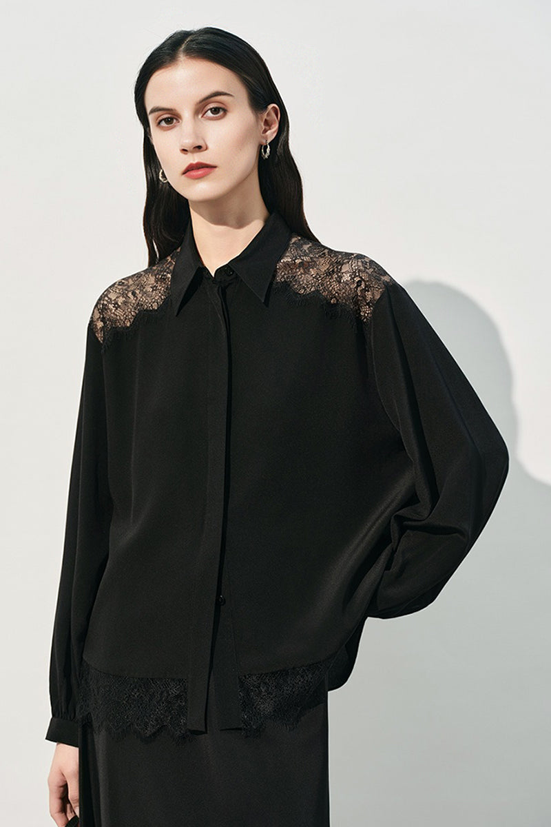 Loose Fit 100% Silk Lace Trim Long Sleeve Shirt