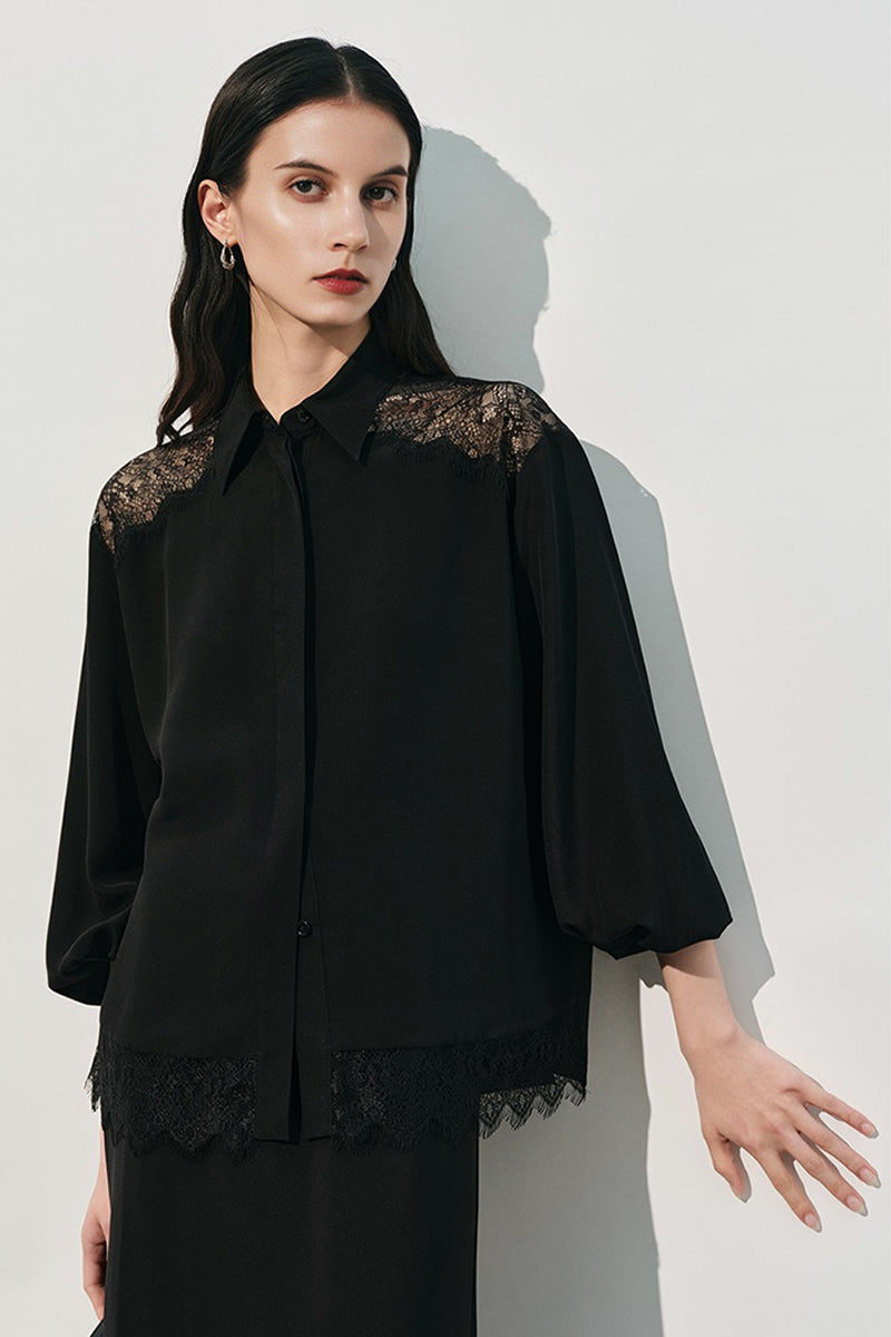 Loose Fit 100% Silk Lace Trim Long Sleeve Shirt