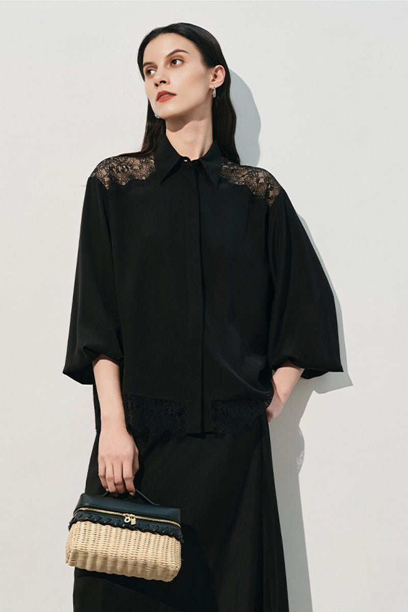 Loose Fit 100% Silk Lace Trim Long Sleeve Shirt