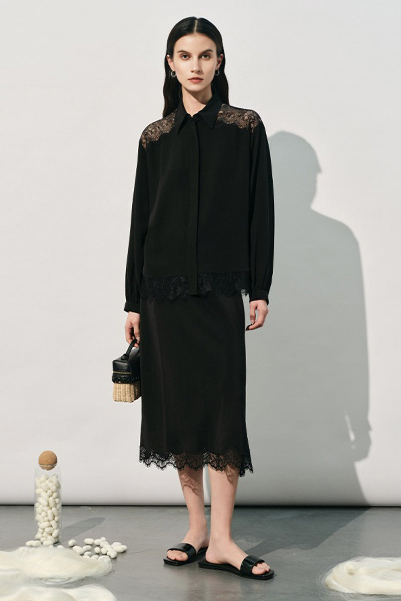 Loose Fit 100% Silk Lace Trim Long Sleeve Shirt
