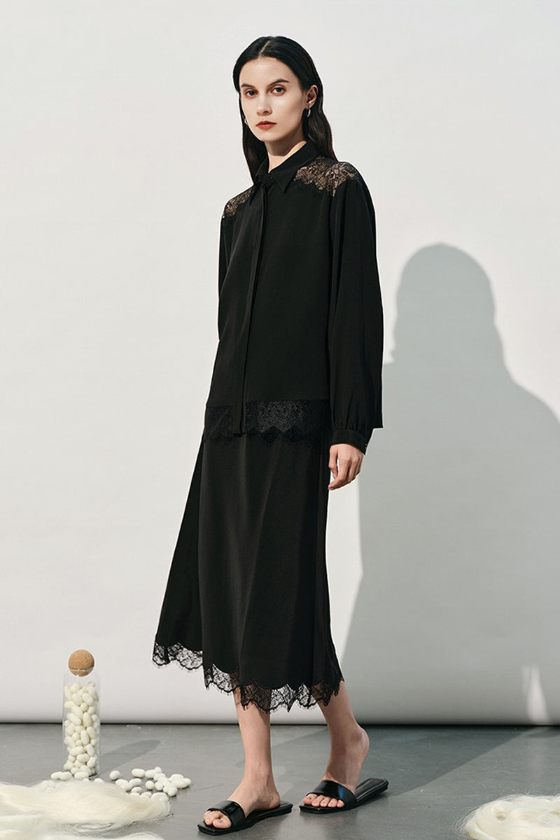 Loose Fit 100% Silk Lace Trim Long Sleeve Shirt