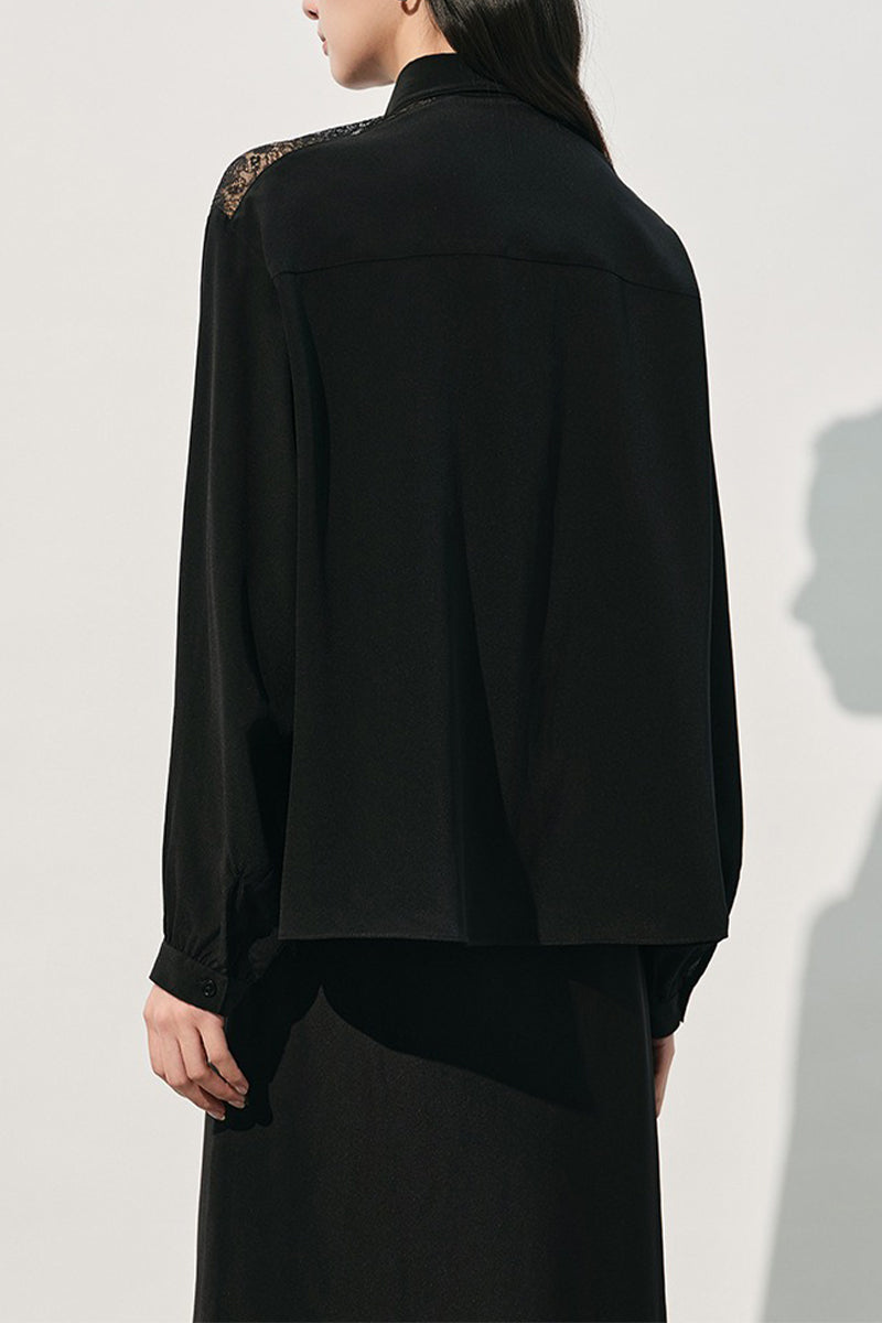 Loose Fit 100% Silk Lace Trim Long Sleeve Shirt