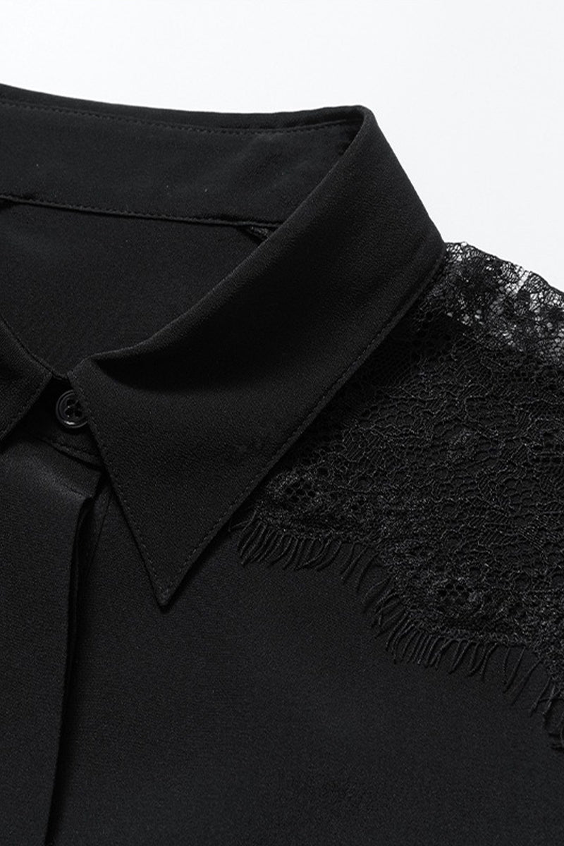 Loose Fit 100% Silk Lace Trim Long Sleeve Shirt