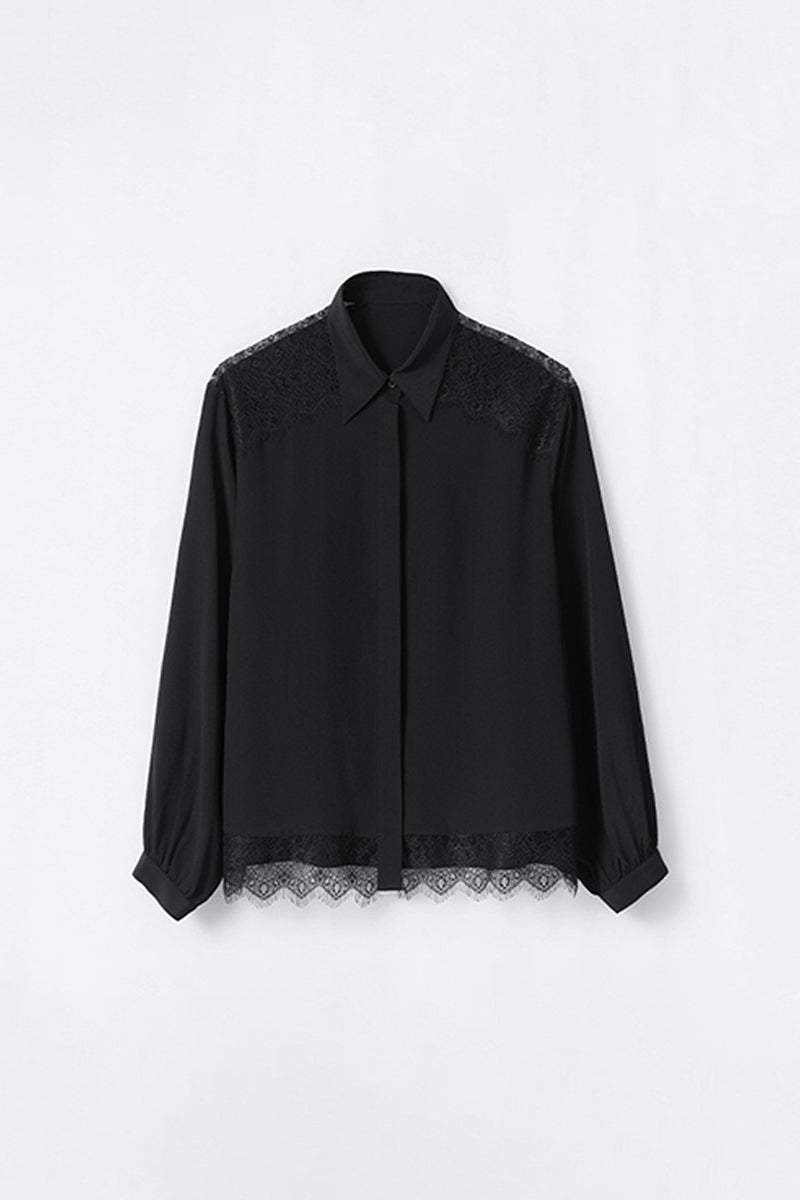 Loose Fit 100% Silk Lace Trim Long Sleeve Shirt