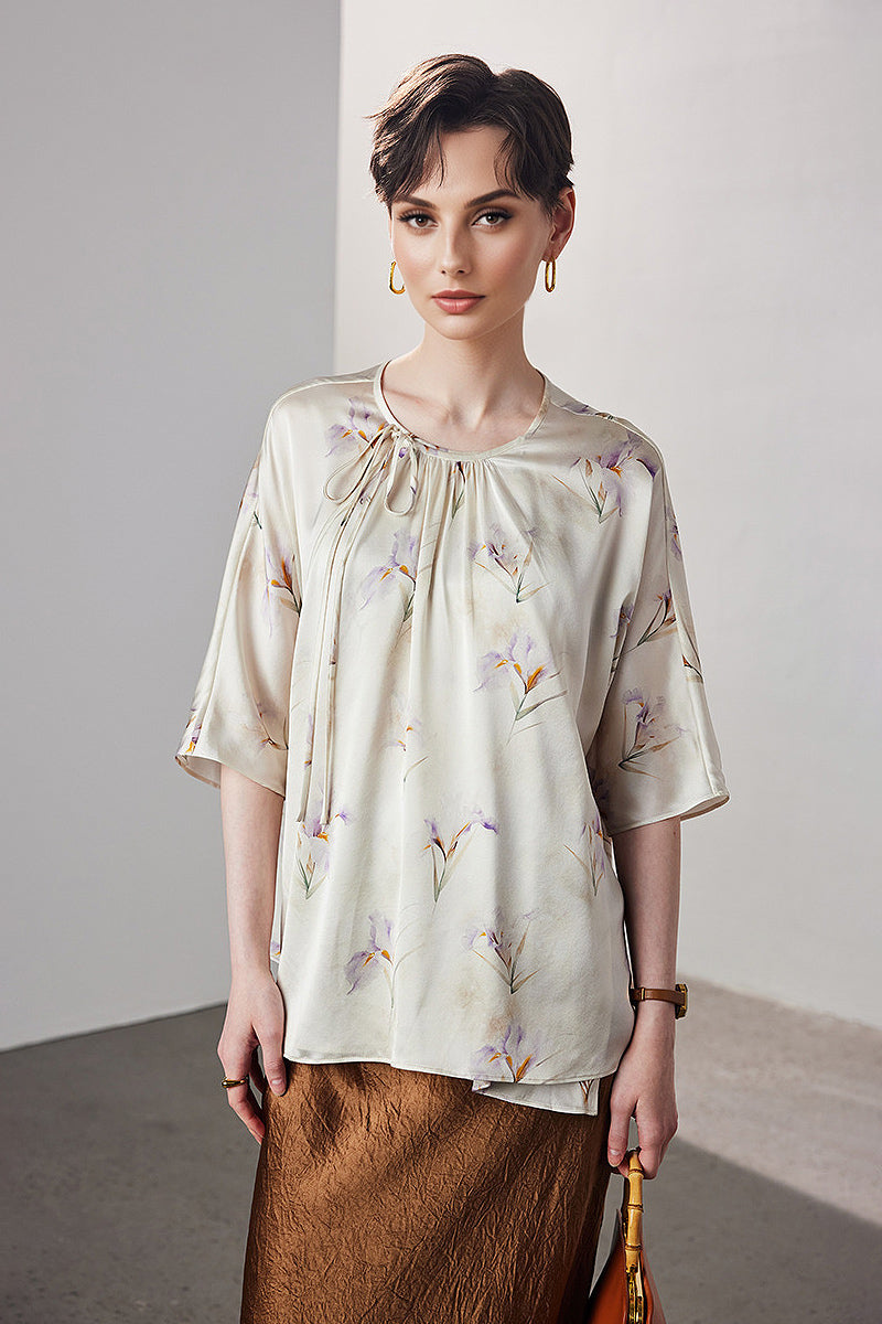 Loose Floral Silk Elbow-Sleeve Wrap Blouse with Asymmetric Tie