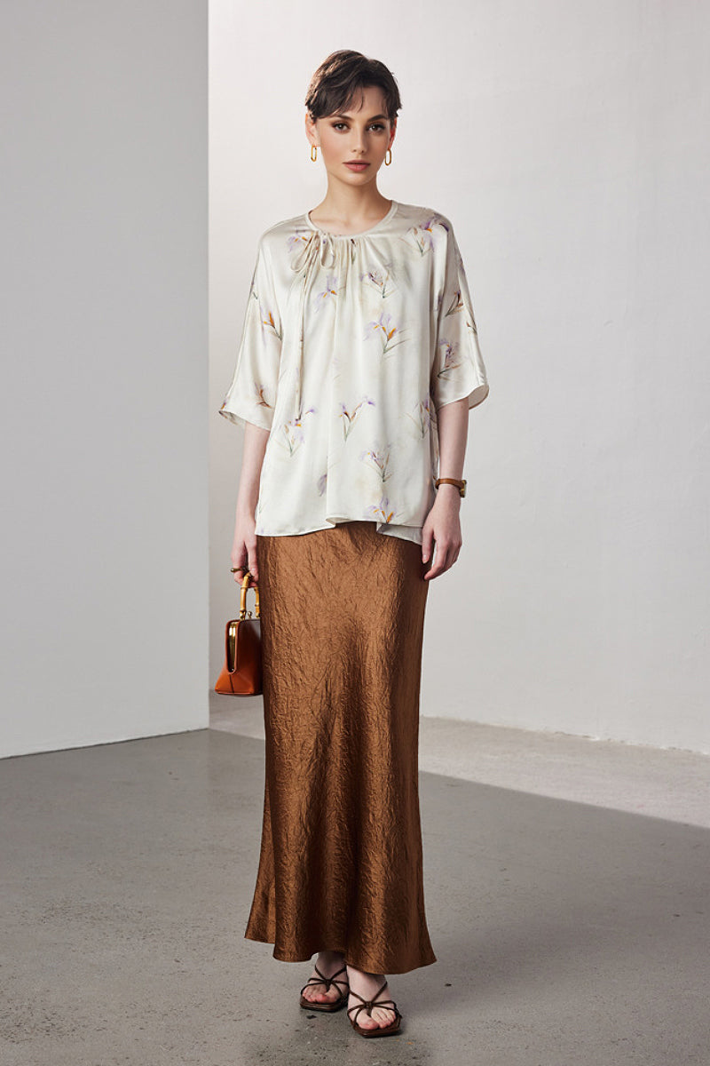 Loose Floral Silk Elbow-Sleeve Wrap Blouse with Asymmetric Tie