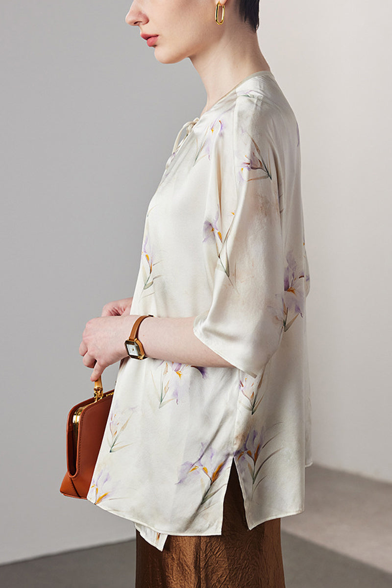 Loose Floral Silk Elbow-Sleeve Wrap Blouse with Asymmetric Tie
