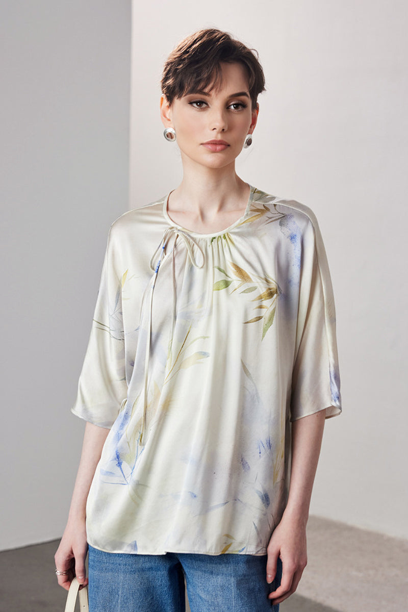 Loose Floral Silk Elbow-Sleeve Wrap Blouse with Asymmetric Tie