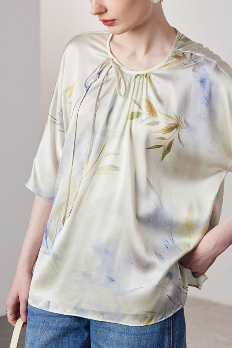 Loose Floral Silk Elbow-Sleeve Wrap Blouse with Asymmetric Tie