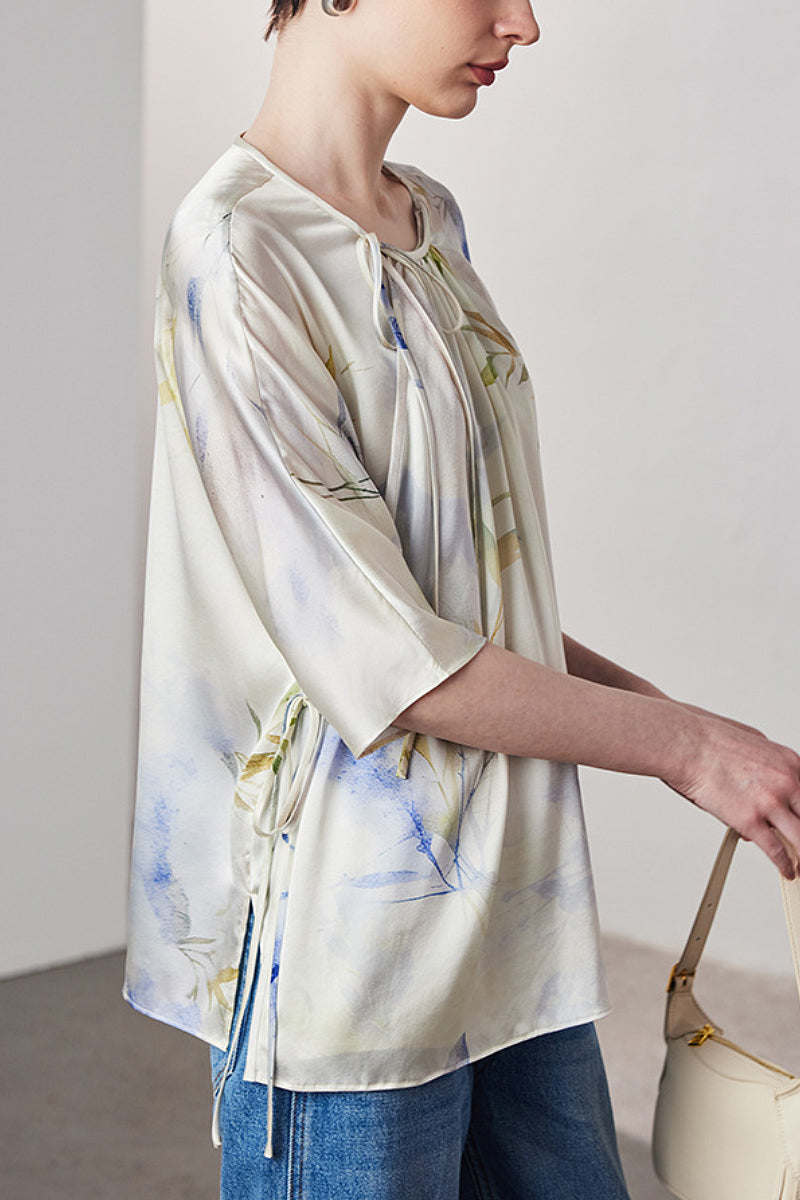 Loose Floral Silk Elbow-Sleeve Wrap Blouse with Asymmetric Tie