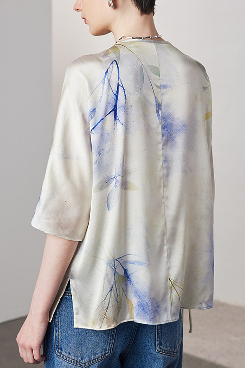 Loose Floral Silk Elbow-Sleeve Wrap Blouse with Asymmetric Tie