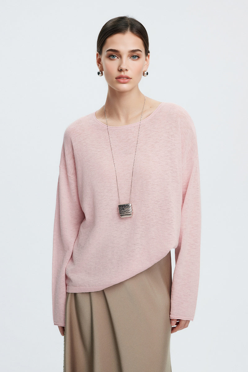 Loose Sheer Cotton-Linen Long-Sleeve Crew-Neck Knit T-Shirt