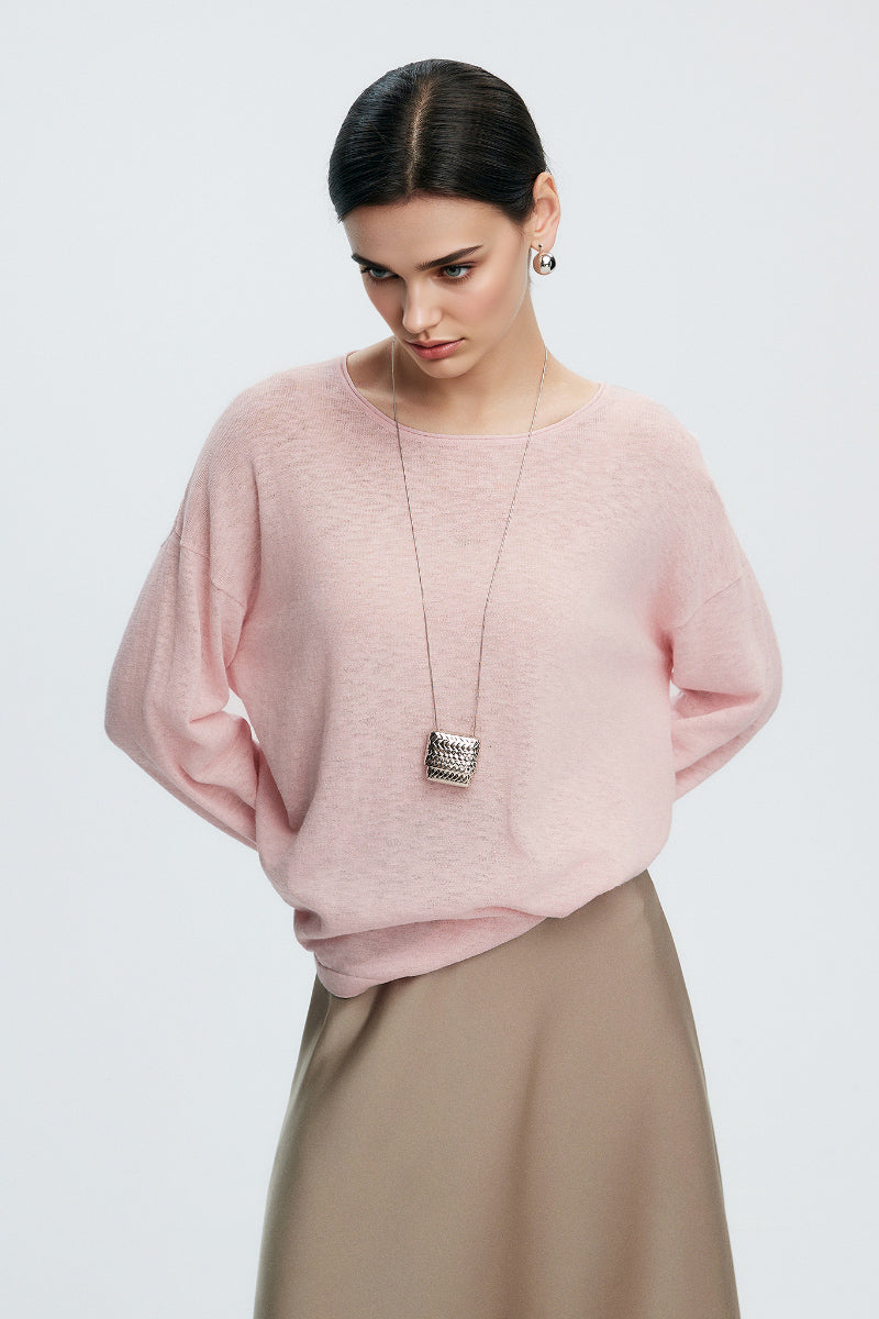 Loose Sheer Cotton-Linen Long-Sleeve Crew-Neck Knit T-Shirt