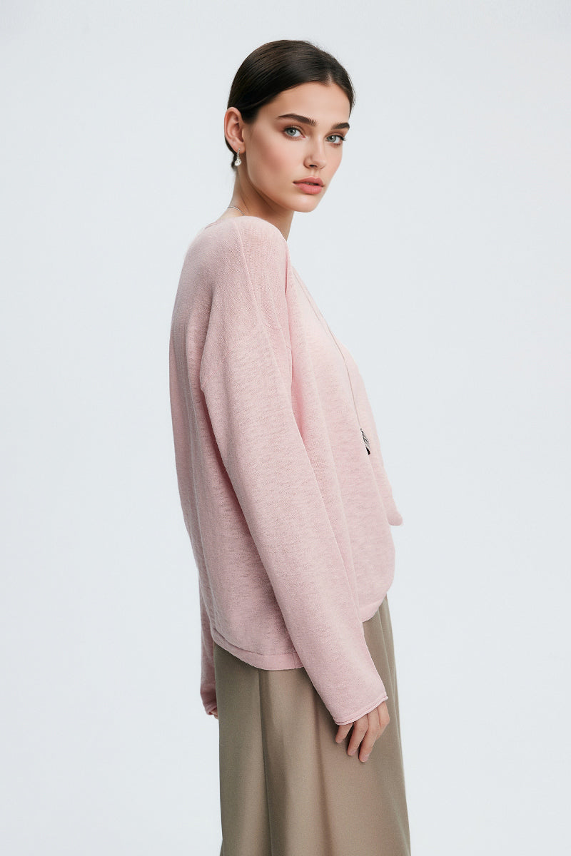 Loose Sheer Cotton-Linen Long-Sleeve Crew-Neck Knit T-Shirt