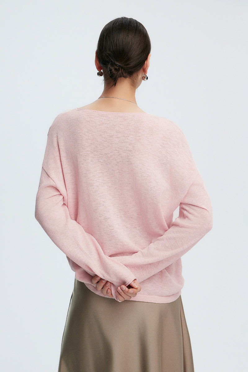 Loose Sheer Cotton-Linen Long-Sleeve Crew-Neck Knit T-Shirt