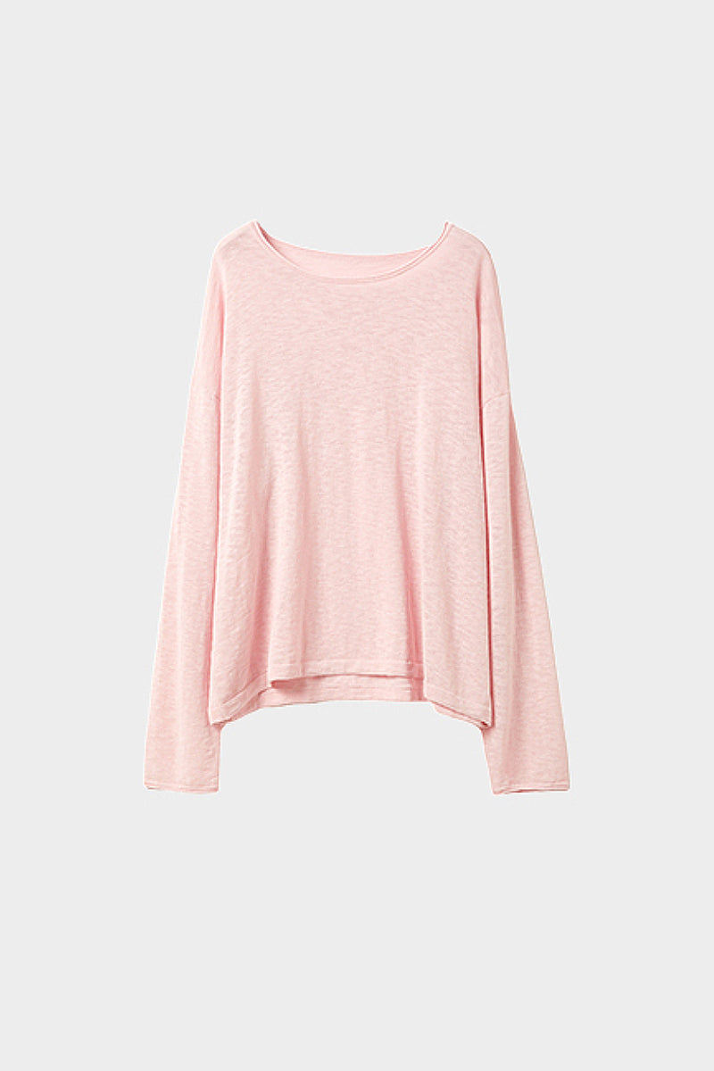 Loose Sheer Cotton-Linen Long-Sleeve Crew-Neck Knit T-Shirt