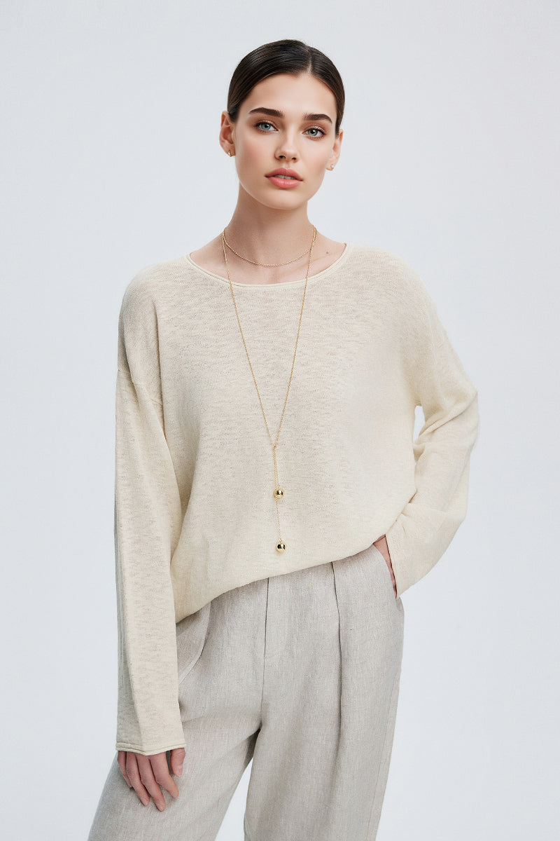 Loose Sheer Cotton-Linen Long-Sleeve Crew-Neck Knit T-Shirt