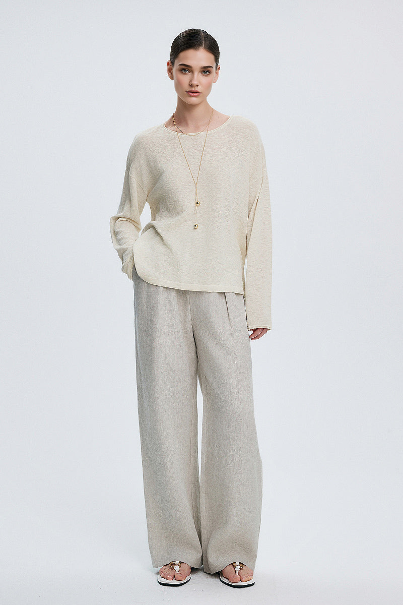 Loose Sheer Cotton-Linen Long-Sleeve Crew-Neck Knit T-Shirt