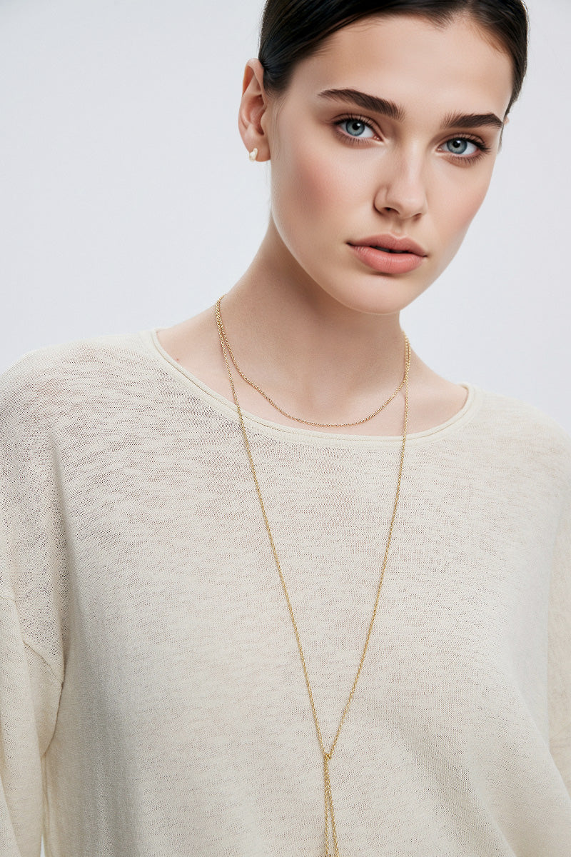 Loose Sheer Cotton-Linen Long-Sleeve Crew-Neck Knit T-Shirt